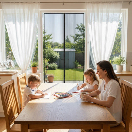 Mum and kids at the table with the back door open