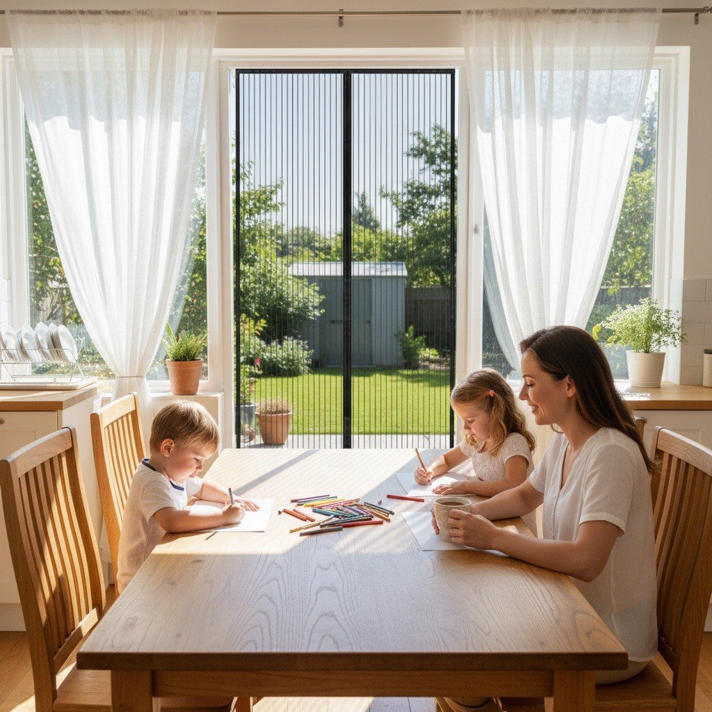 Mum and kids at the table with the back door open