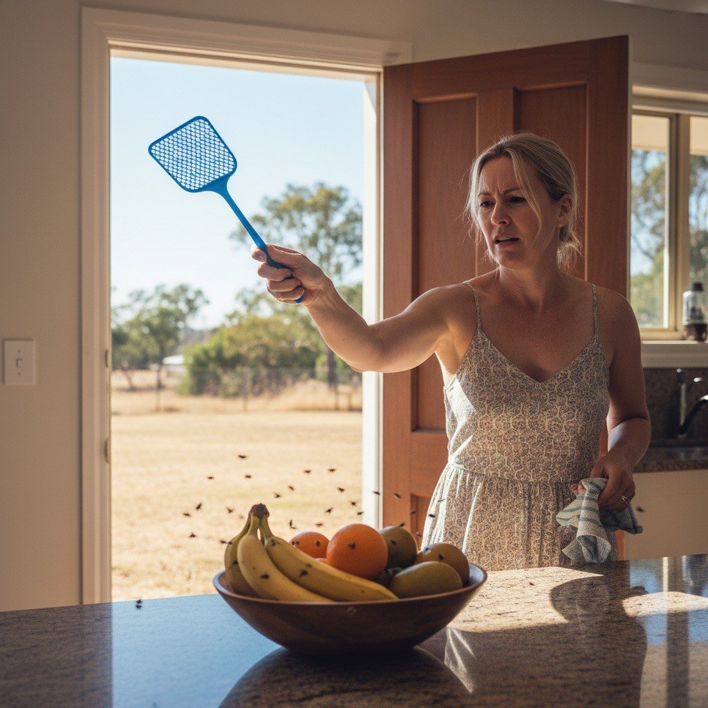 Woman swatting flies in the kitchen with the back door open