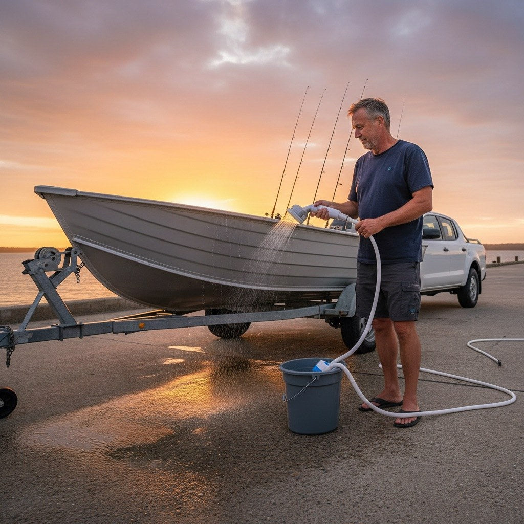 Rinsing the tinnie at the boat ramp