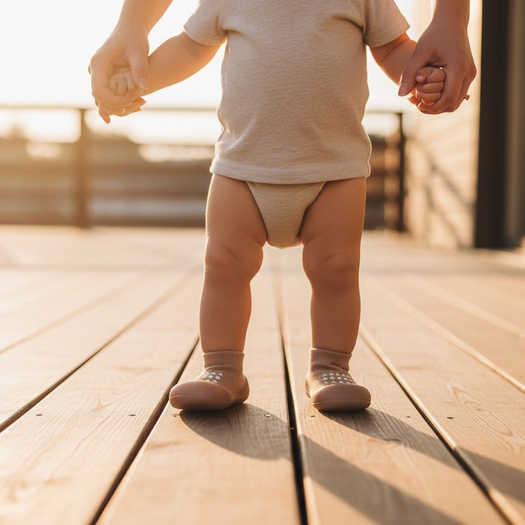 Little feet standing steady in sock sneakers