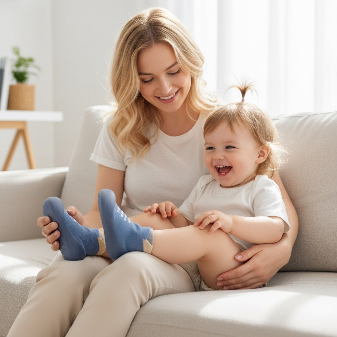 Mum slipping sock sneakers onto a toddler