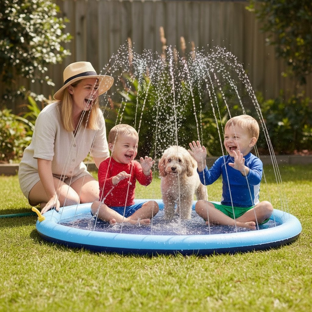 Toddlers and a cavoodle laughing in the jets with mum beside them