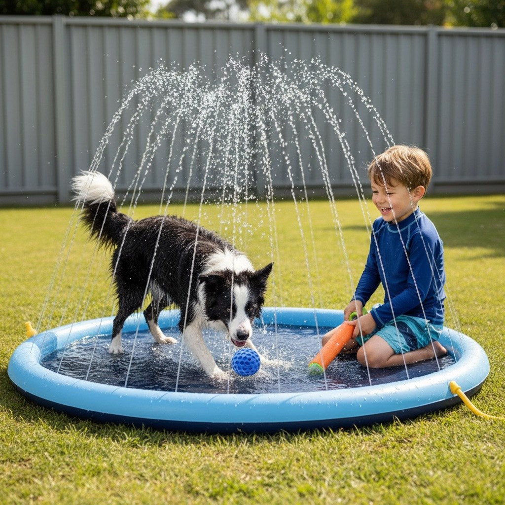 Boy filling his water squirter on the splash pad while a border collie plays with the dog ball