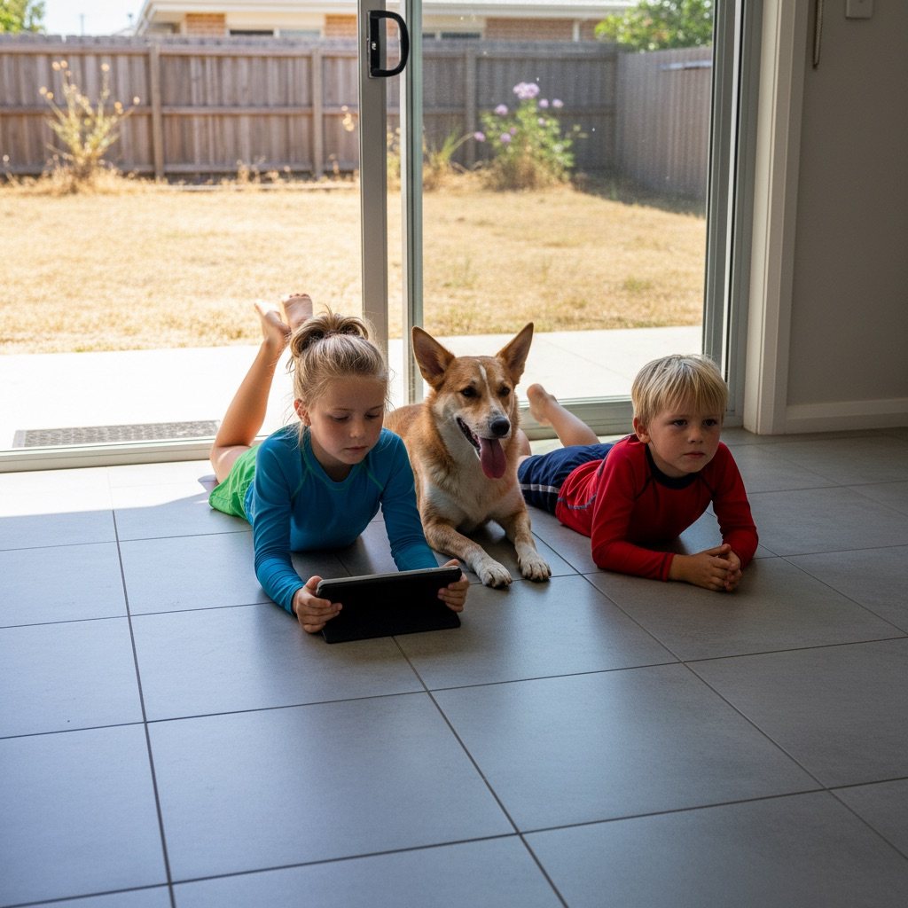 Bored kids and a panting dog stuck inside on a hot day