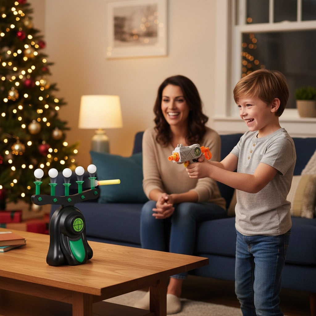 Boy aiming at the floating balls while his mum watches from the sofa