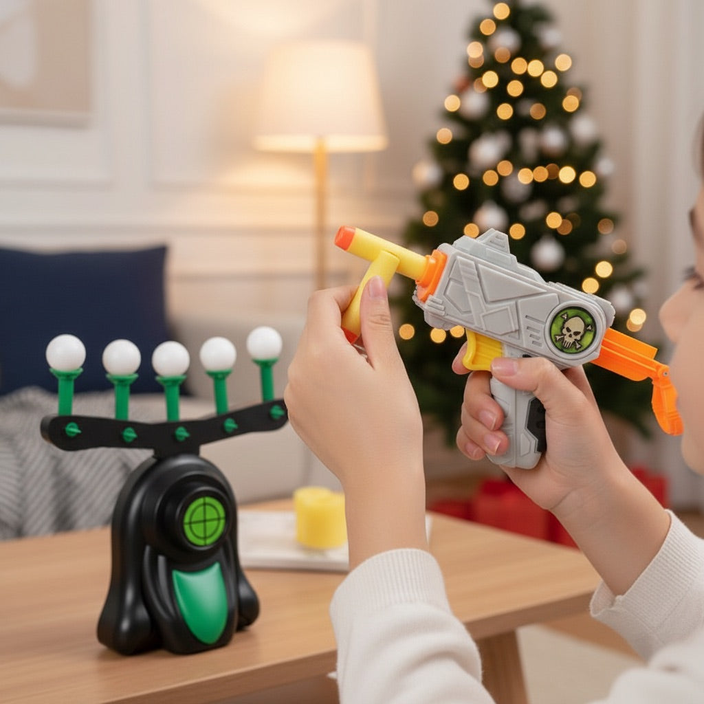 Close-up of the blaster and the floating targets