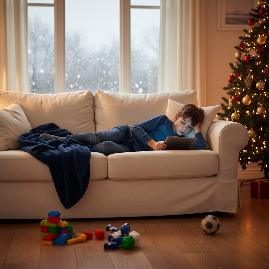 Bored boy on the couch with a tablet