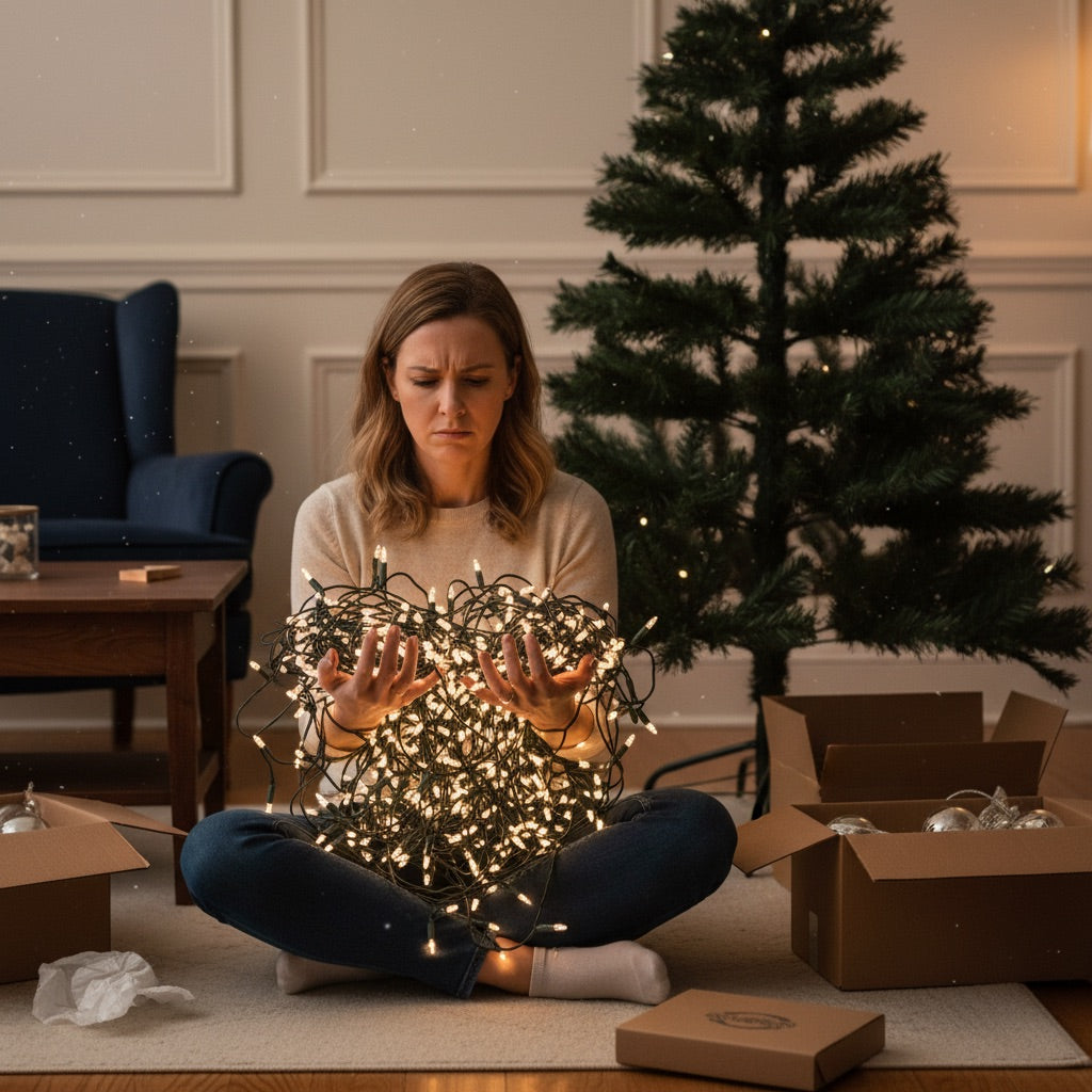 A woman untangling old string lights next to a bare tree