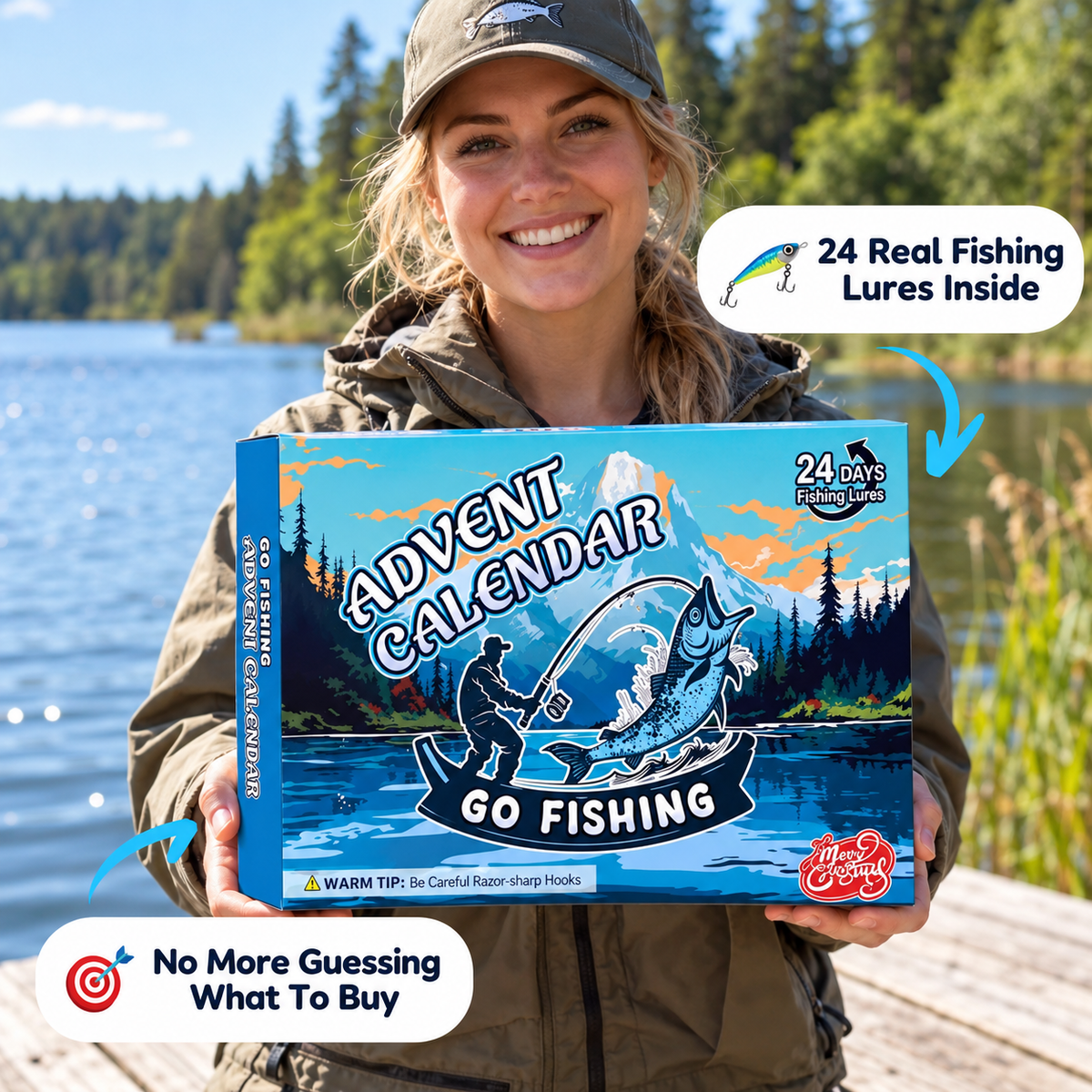Woman holding the fishing advent calendar by a lake