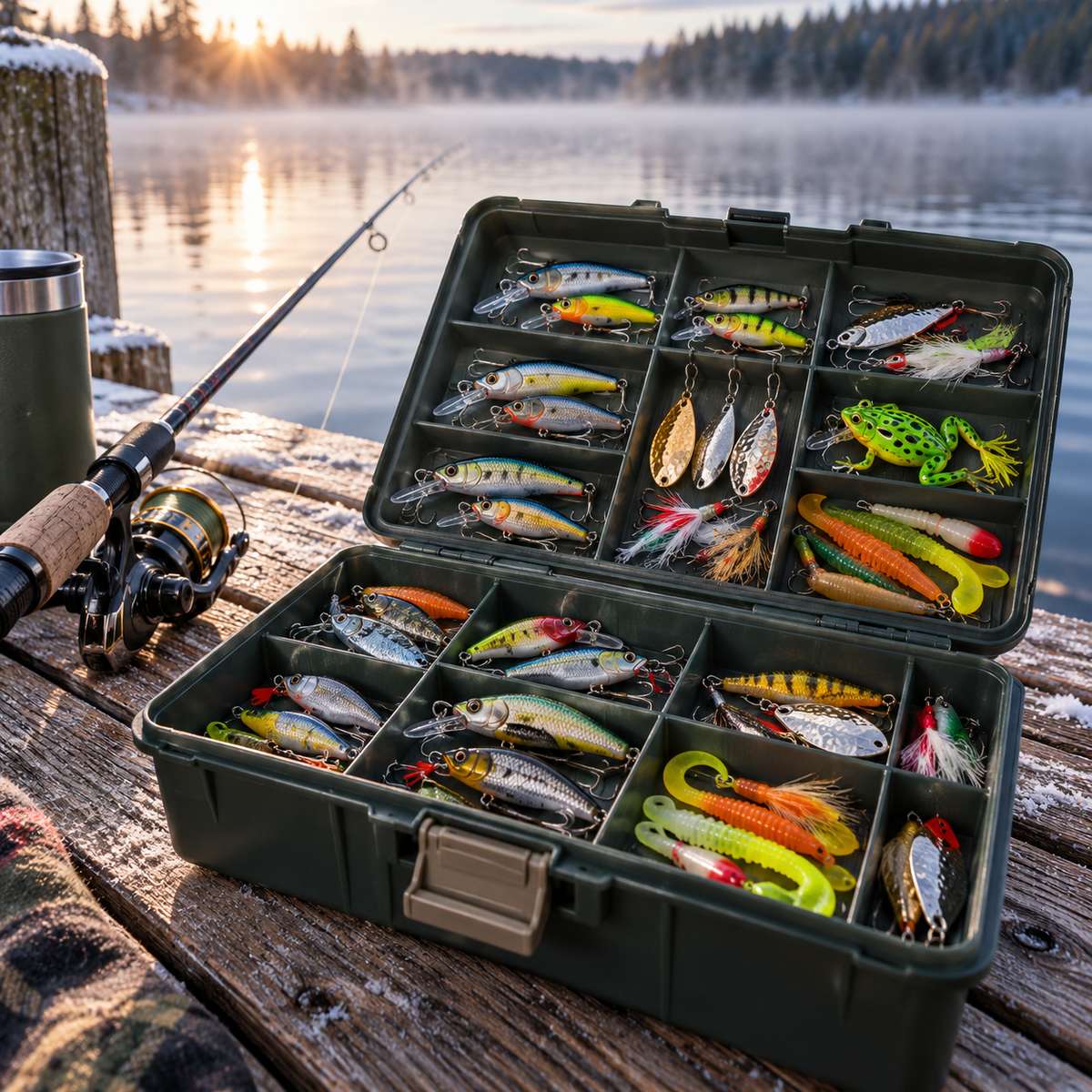 Fishing lures in a tackle box by the lake