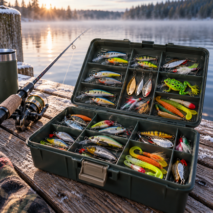 Fishing lures in a tackle box by the lake