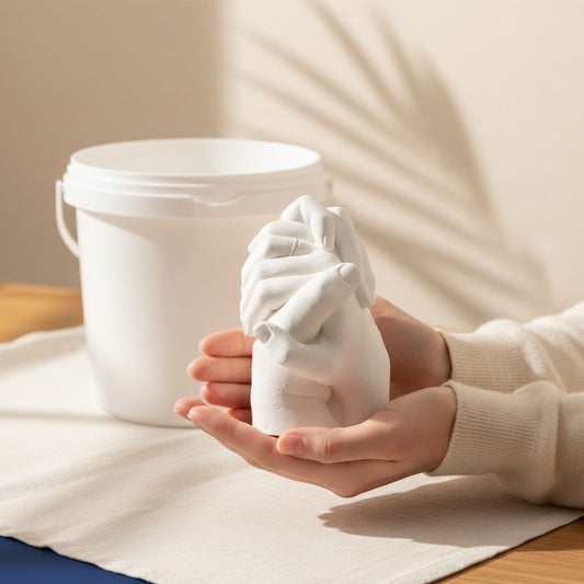 A woman holding a white plaster cast of a couple's clasped hands