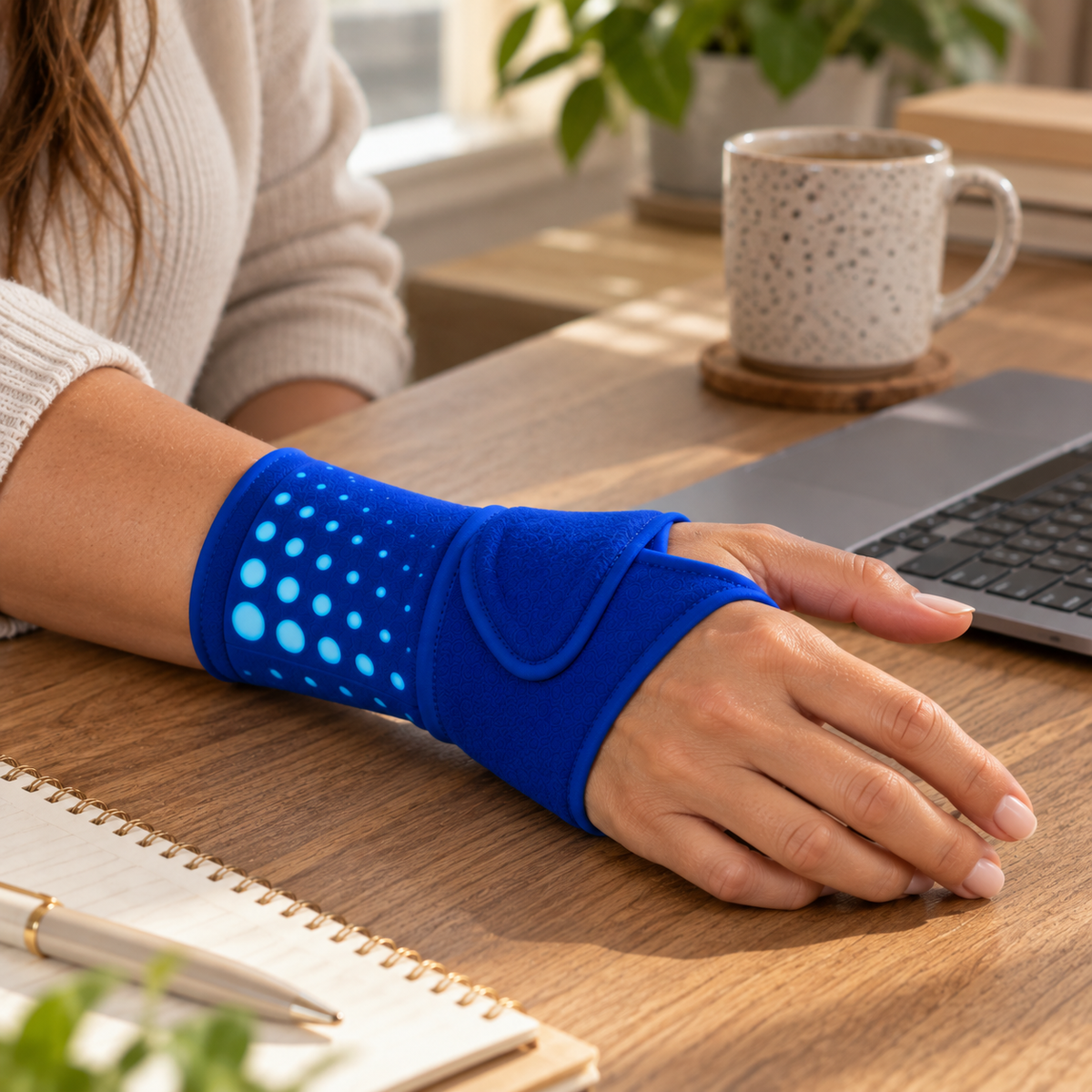 The wrap worn on the wrist and thumb base, hand resting on a desk