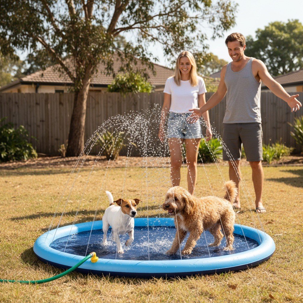 Two small dogs on the splash pad