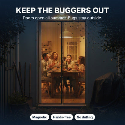 Family dinner at night seen through the fly screen, bugs outside