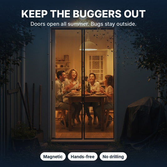 Family dinner at night seen through the fly screen, bugs outside