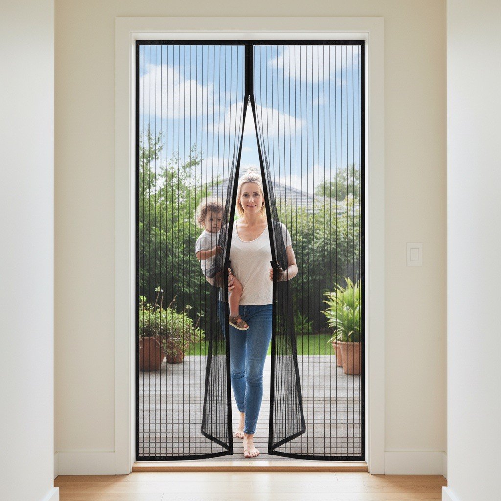Mum with a toddler walking through the screen