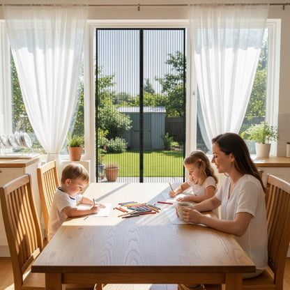 Mum and kids at the table with the back door open