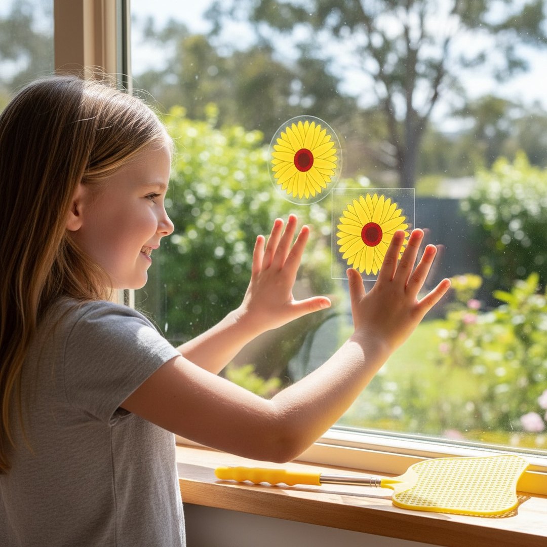 Girl sticking a sunflower fly trap on the window