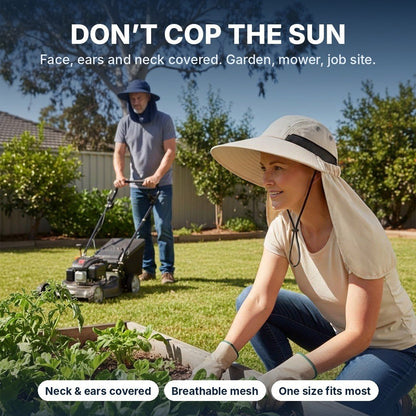 Woman gardening and man mowing in neck-flap sun hats
