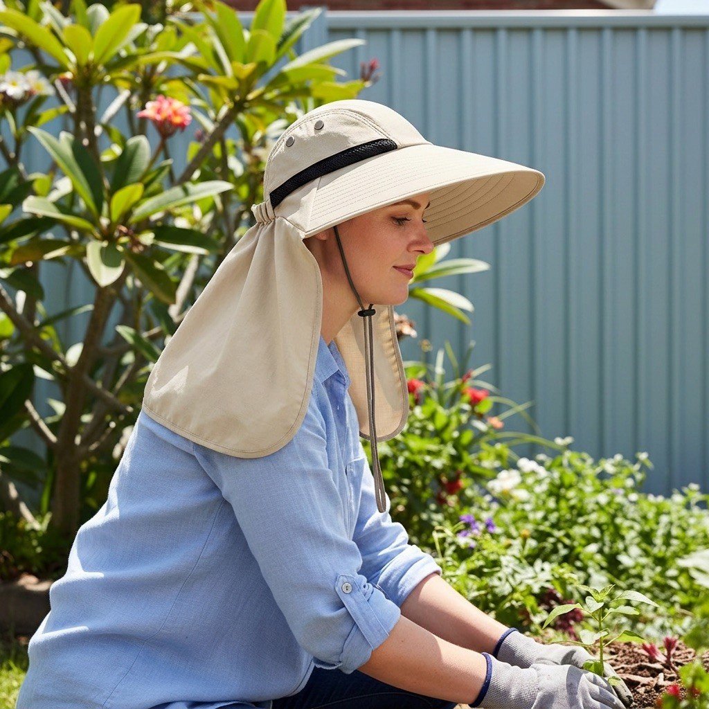 Woman planting seedlings in the sun hat