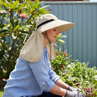 Woman planting seedlings in the sun hat