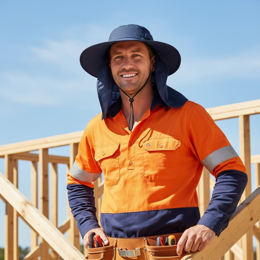 Tradie on a house frame in the sun hat