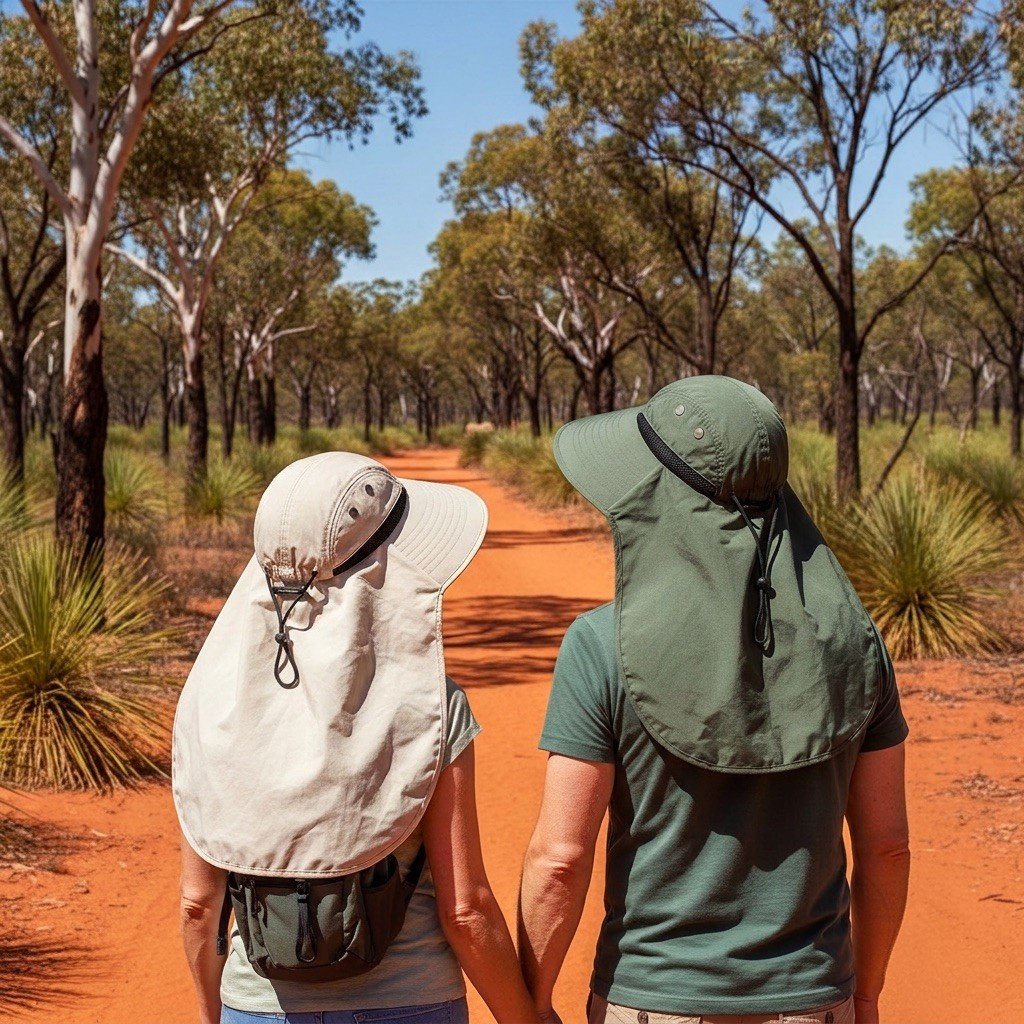 Couple hiking a bush track in sun hats
