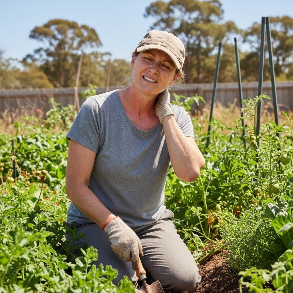 Woman in a cap touching her sunburnt neck in the garden