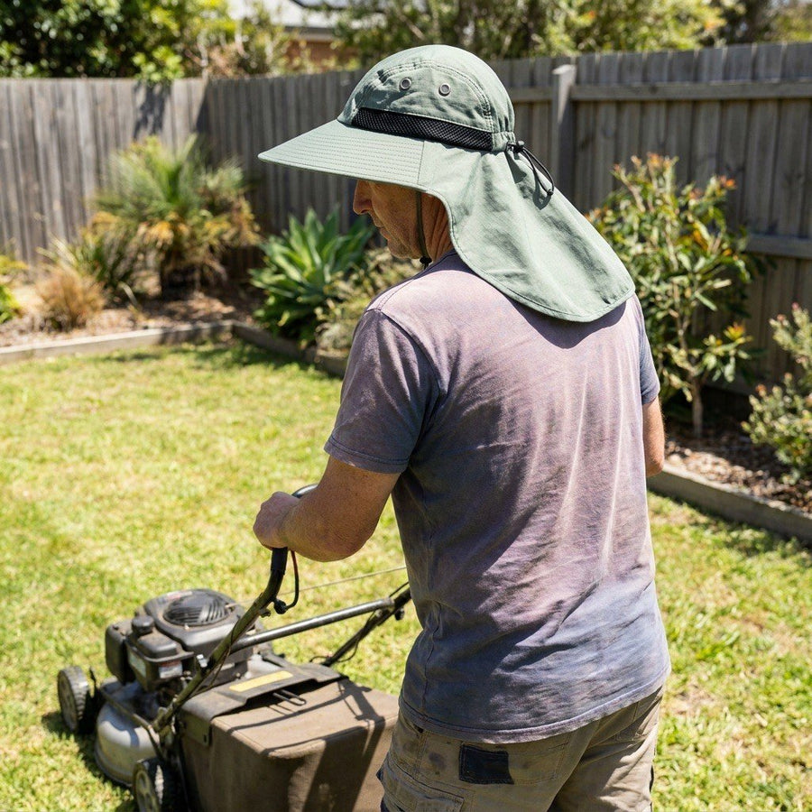 Mowing the lawn in the sun hat