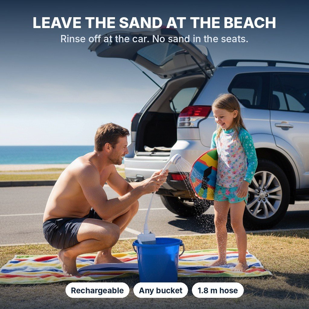 Dad rinsing his daughter’s sandy feet at the car