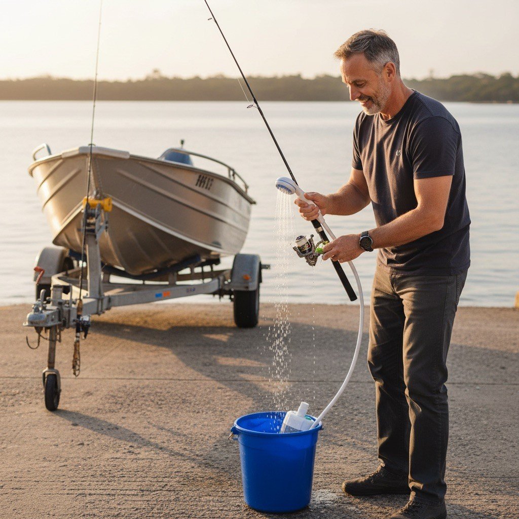 Rinsing fishing gear at the boat ramp