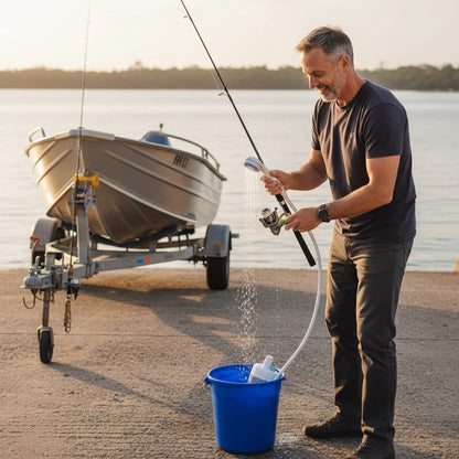 Rinsing fishing gear at the boat ramp