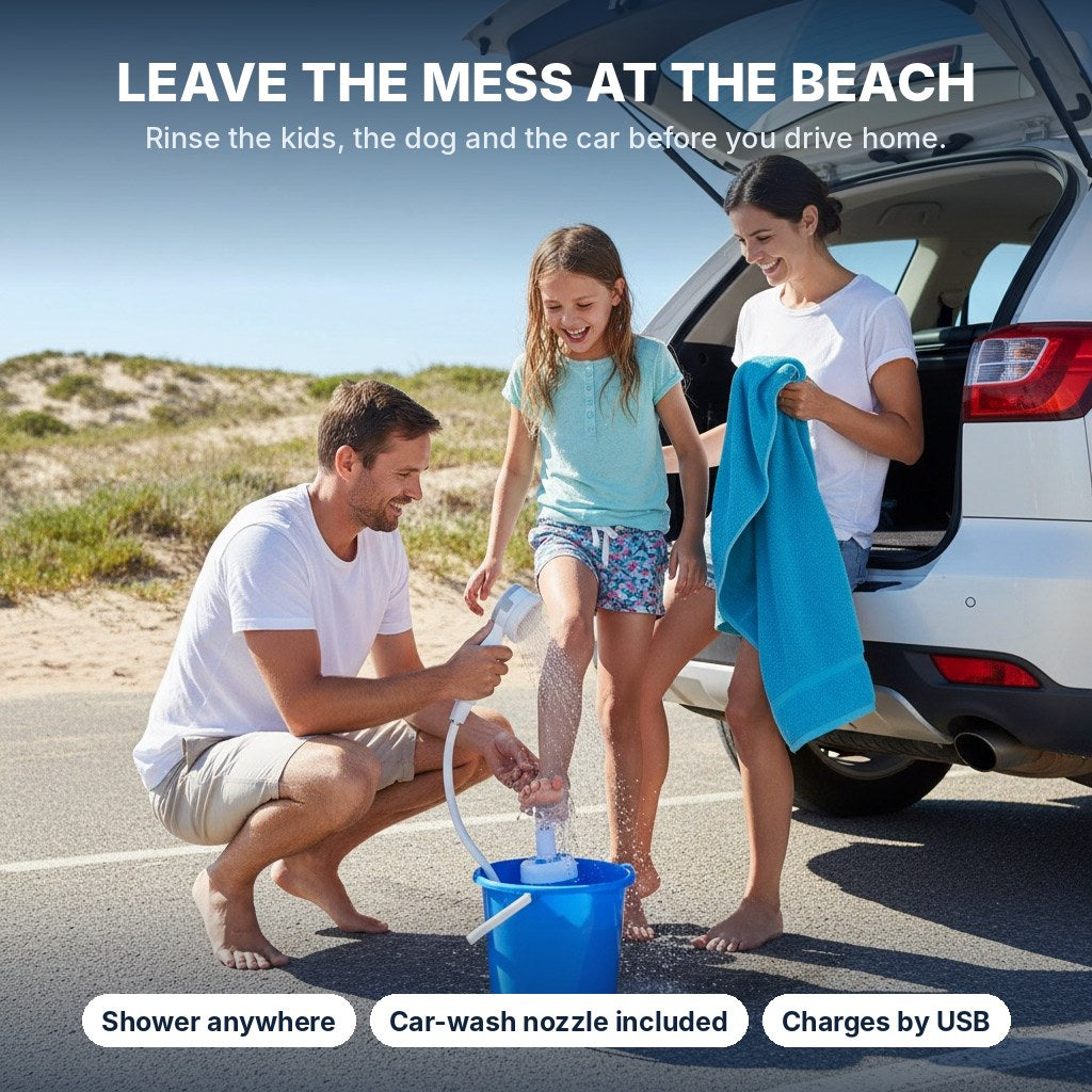 Dad rinsing his daughter’s sandy feet at the car boot