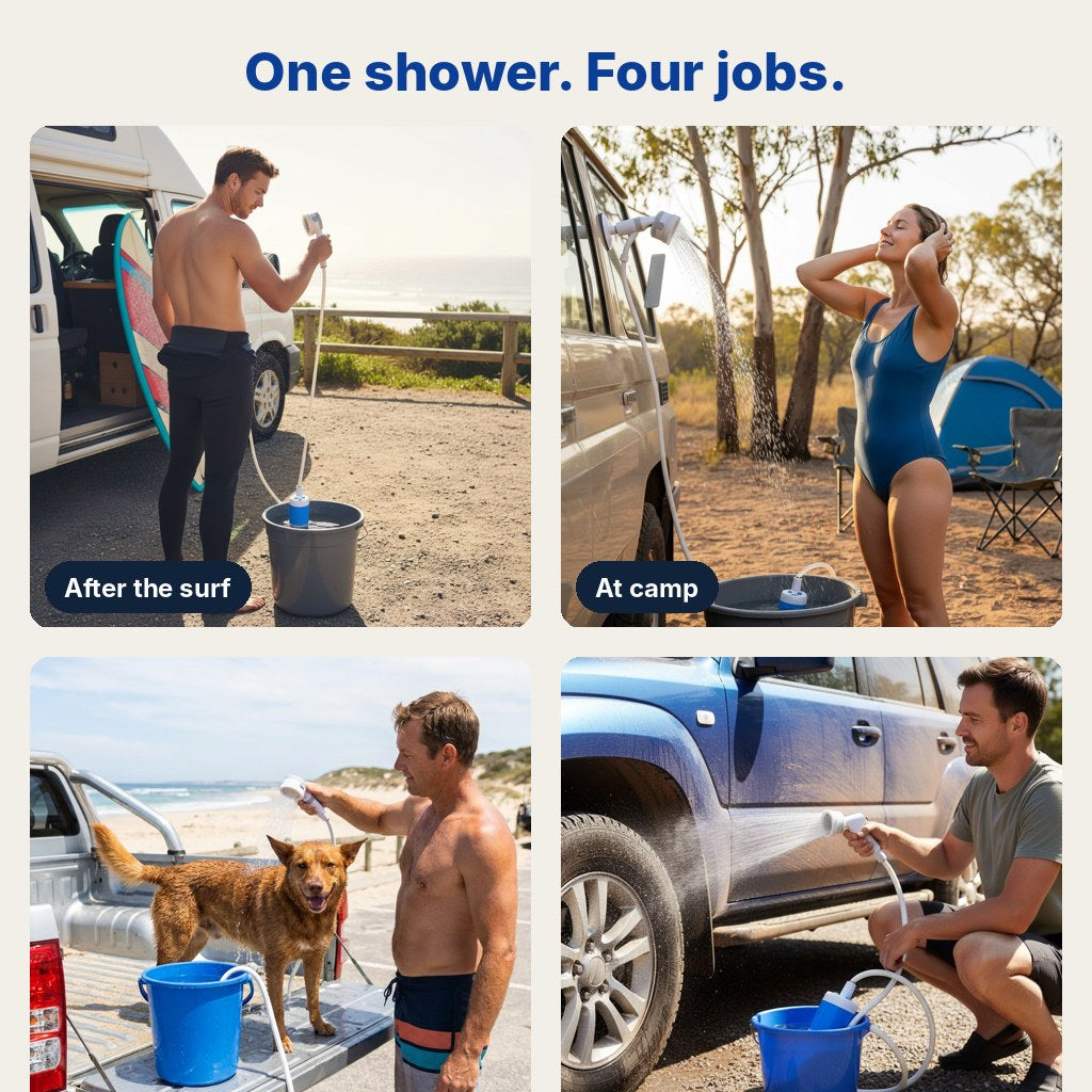 After the surf, at camp, the sandy dog and the dusty 4WD