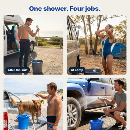 After the surf, at camp, the sandy dog and the dusty 4WD