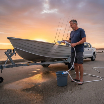 Rinsing the tinnie at the boat ramp
