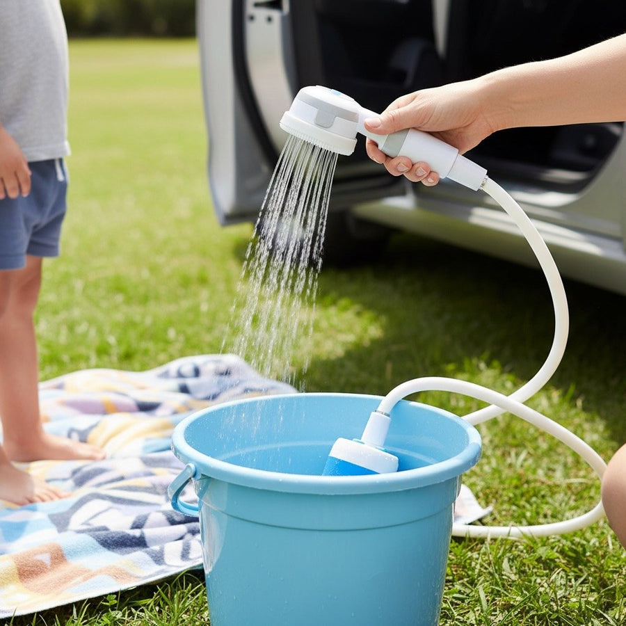 Rinsing a child’s feet with the shower head