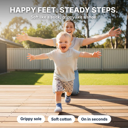 Toddler running across a sunny deck in sock sneakers