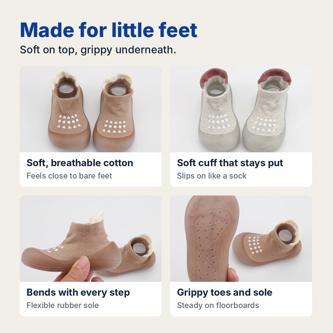 Made for little feet: soft cotton, soft cuff, bends, grippy sole
