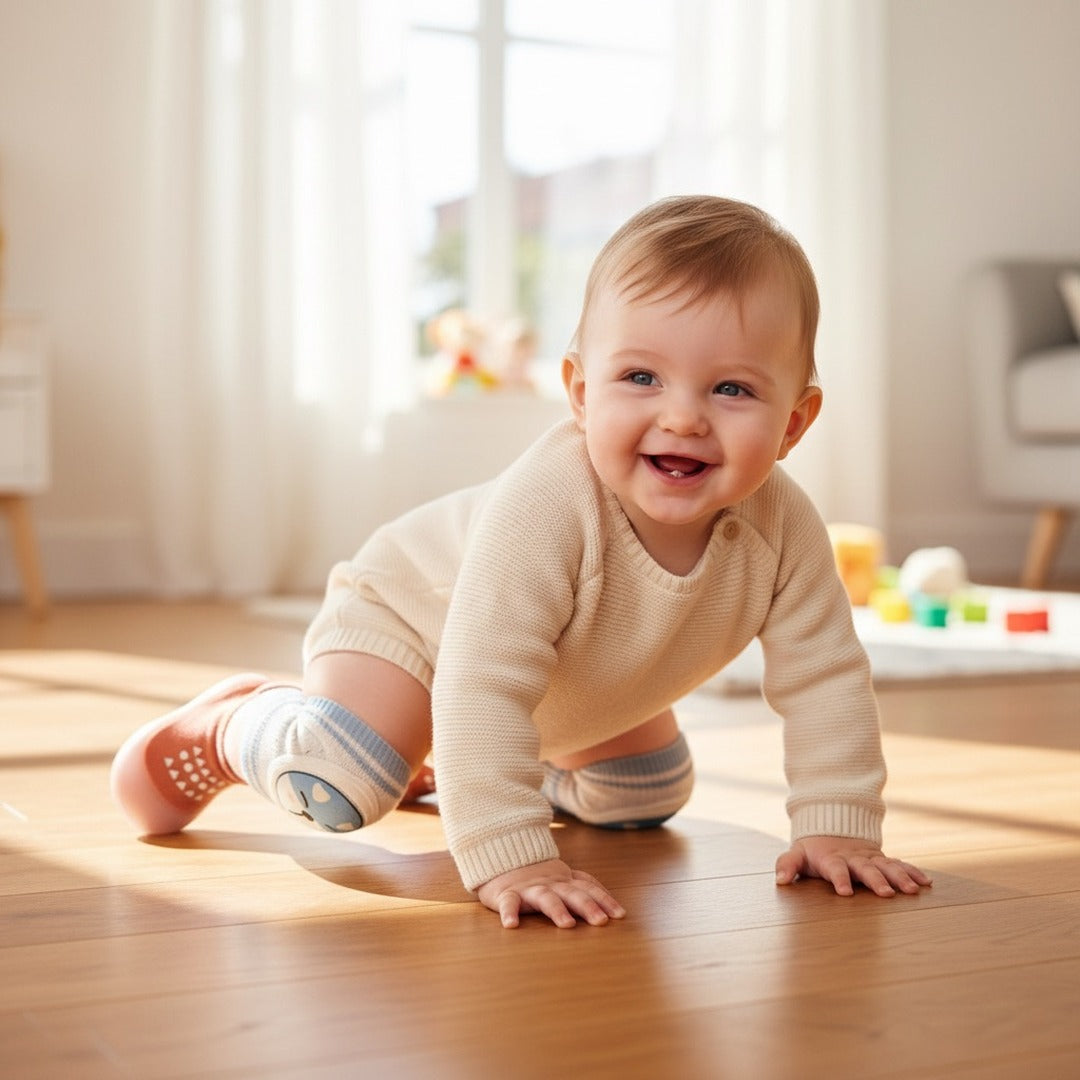 Baby crawling in sock sneakers and knee pads