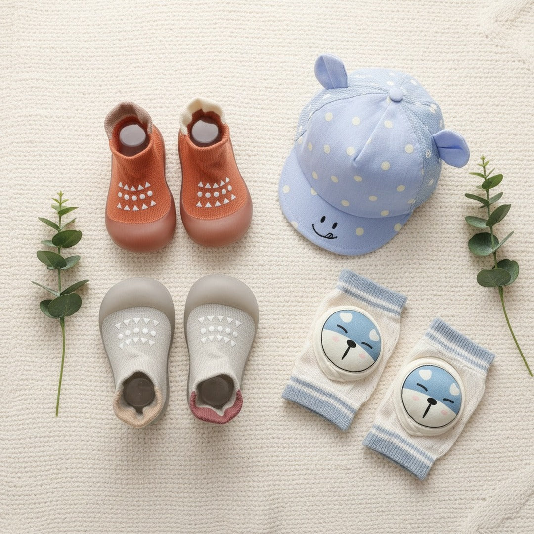 Two pairs of sock sneakers with the knee pads and sun hat