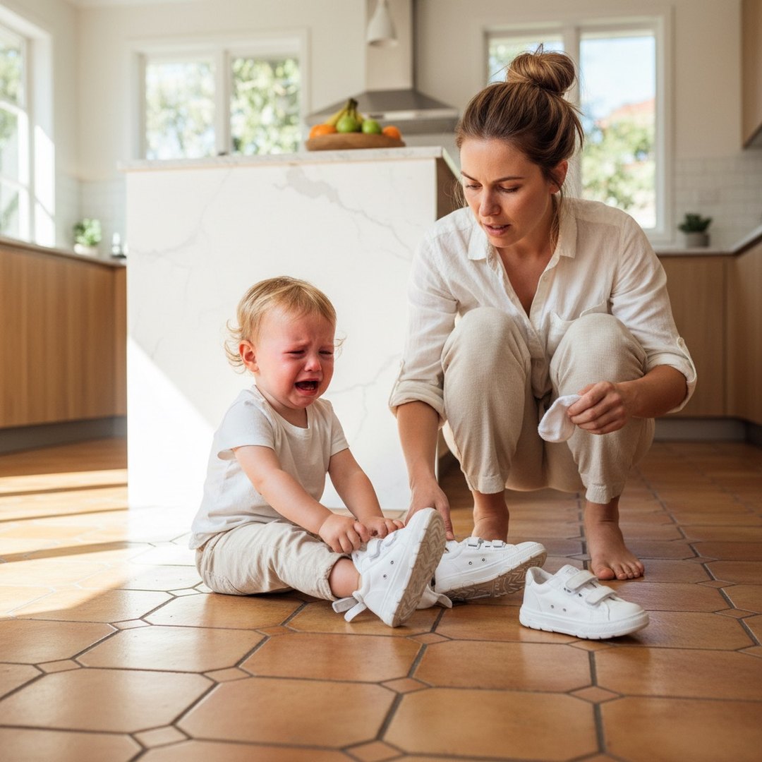 Toddler pulling shoes off