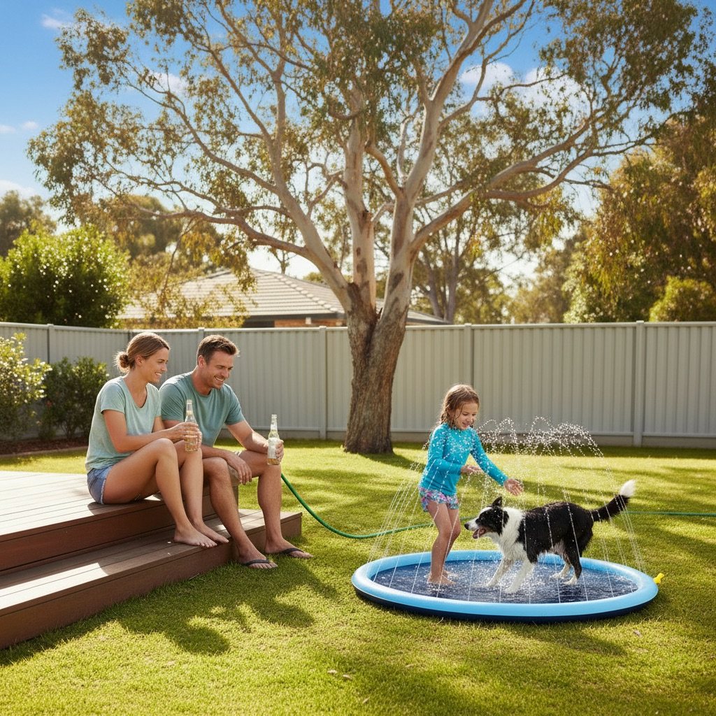 Parents relaxing on the deck while their girl and dog play