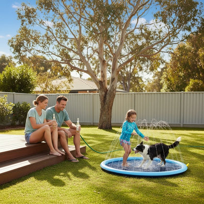 Parents relaxing on the deck while their girl and dog play