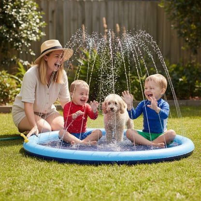 Toddlers and a cavoodle laughing in the jets with mum beside them