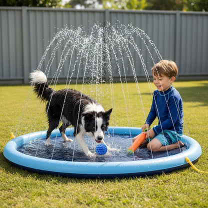Boy filling his water squirter on the splash pad while a border collie plays with the dog ball