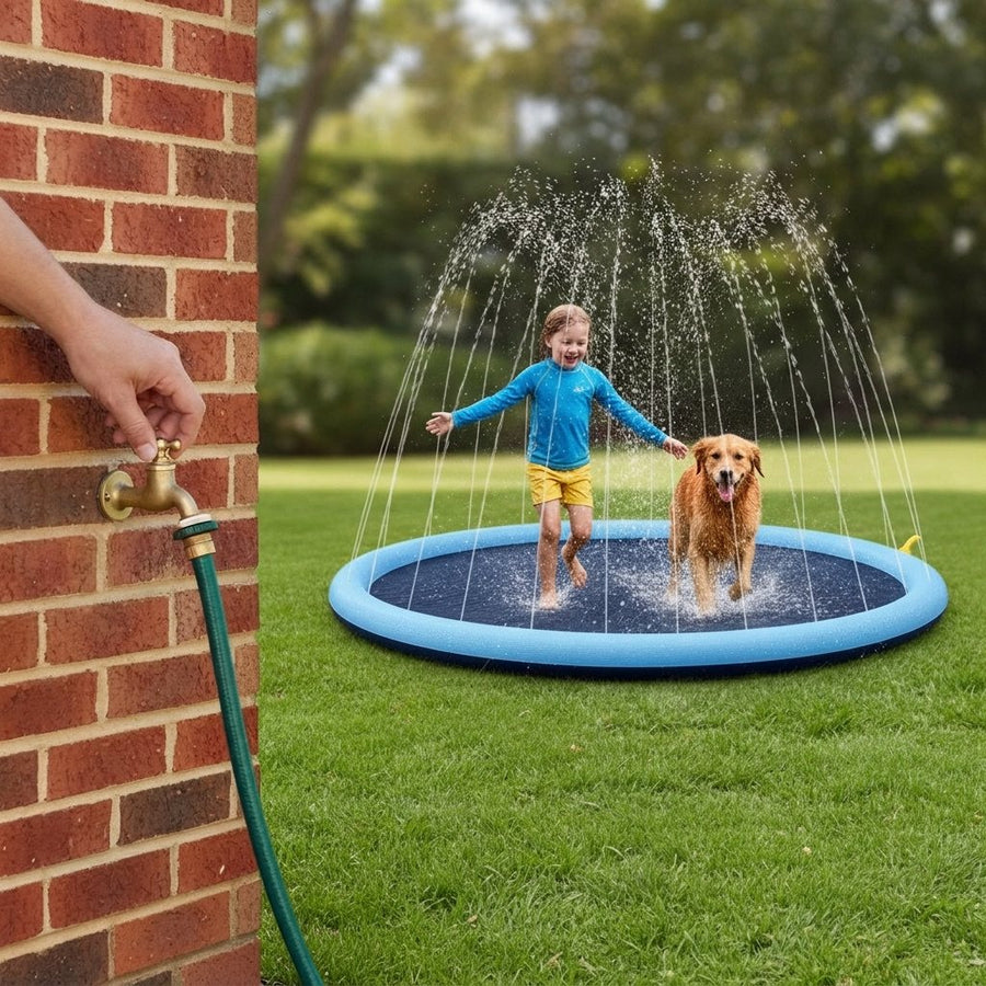 Turning on the tap as a girl and her dog run into the spray