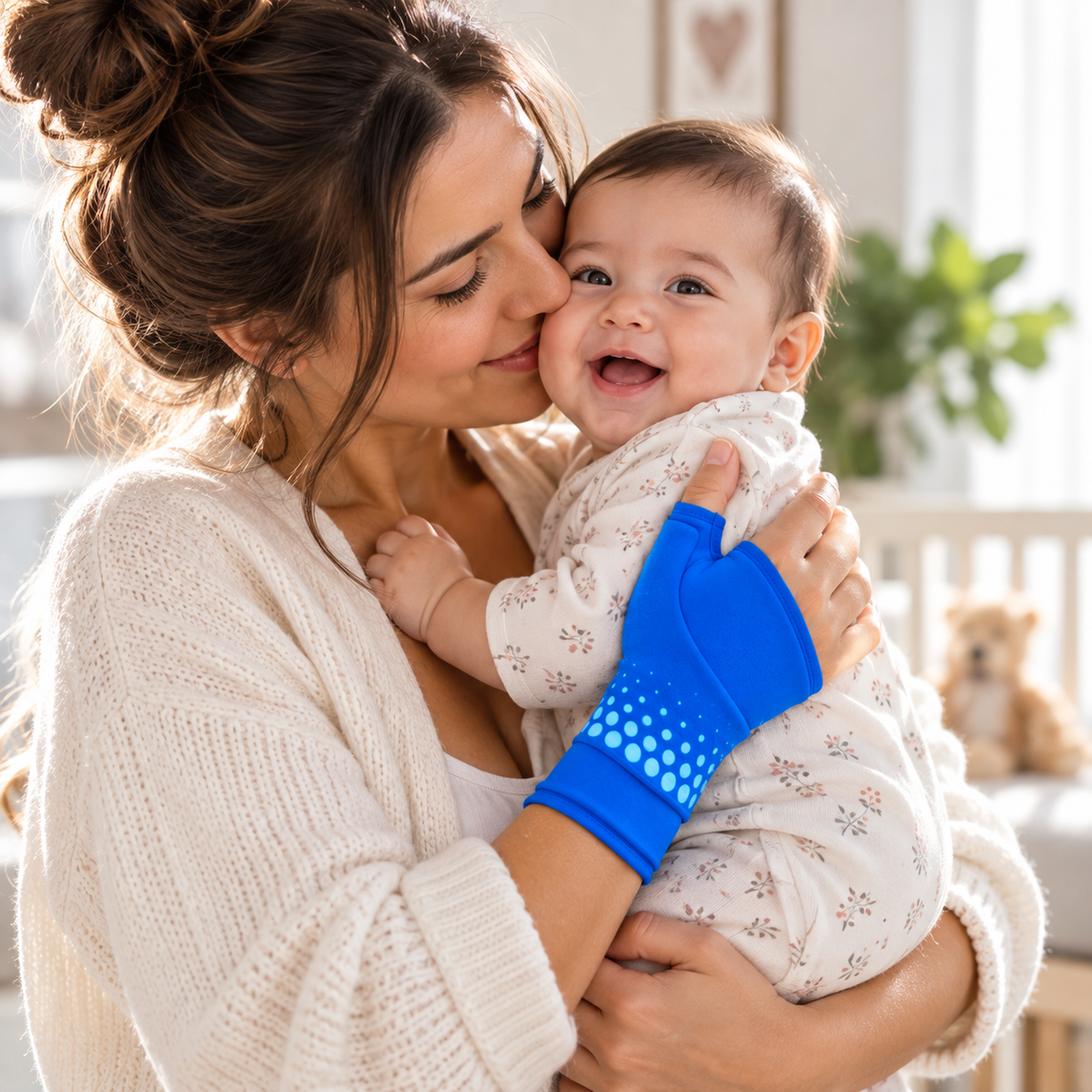 Woman holding her baby with the wrap on, thumb and fingers free